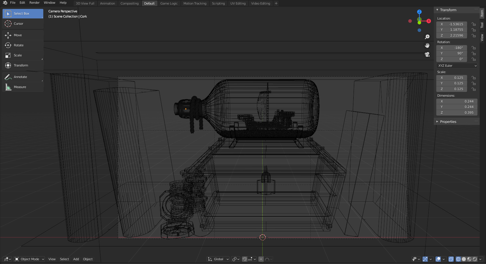 Wireframe view of our scene in Blender